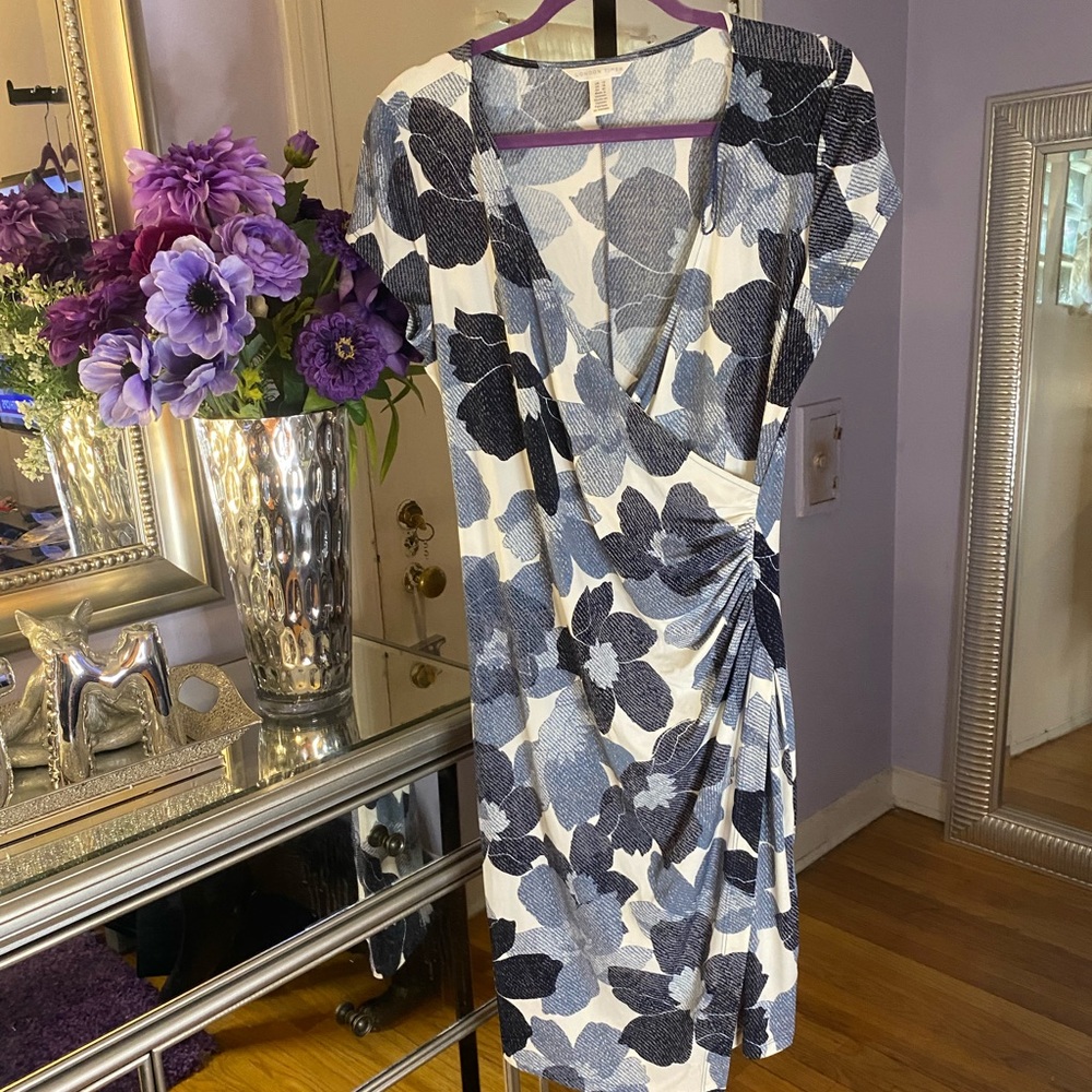 Denim blue floral faux wrap dress